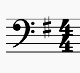 A musical staff with a bass clef, a key signature of one sharp, and a time signature of 4/4