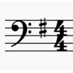 A musical staff with a bass clef, a key signature of one sharp, and a time signature of 4/4